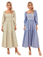 Women Spring Fall Long Dress Long Sleeve Dress Square Neck Embroidery Flower Loose Swing Dress Wit Pocket