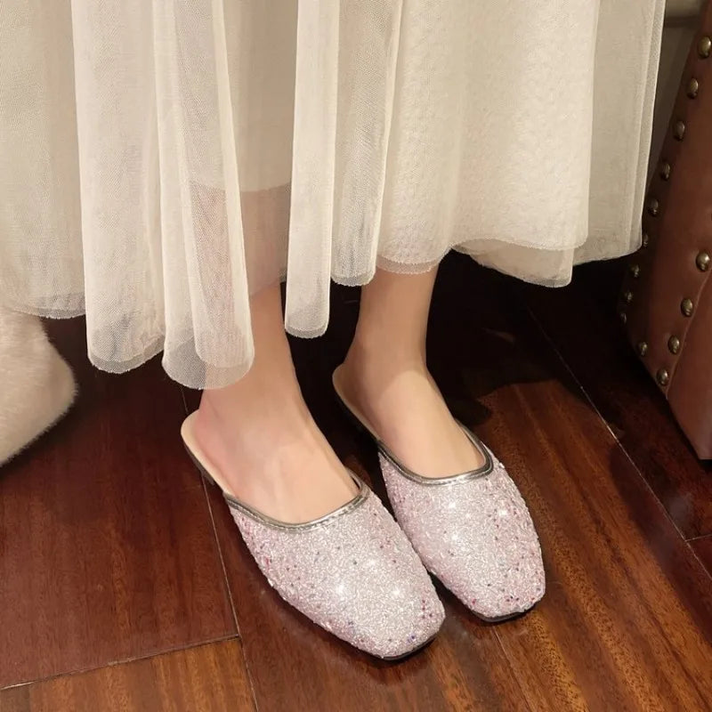 Baotou Slippers Women 2026 Summer Soft Sole Flat with Sequin Lazy Heelless Half Drag Comfortable Pregnant Women Wear Flip-flops
