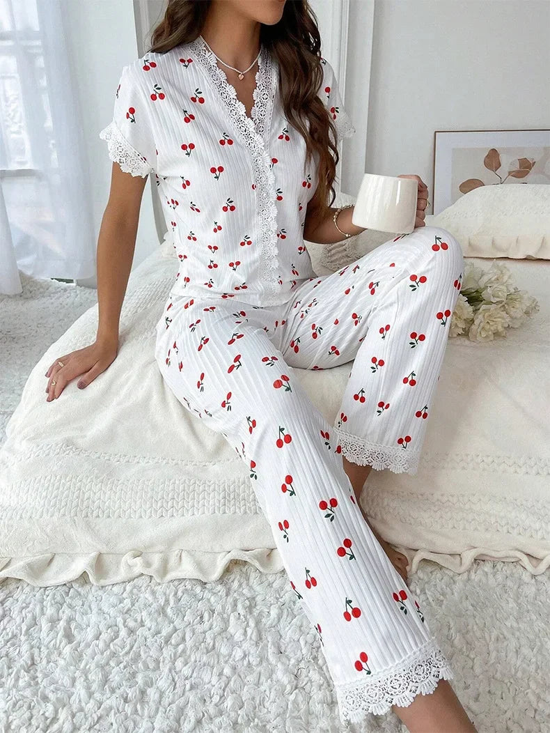 Women Sleepwear Black Lace Trim Cherry Print 2 Piece Pajamas Set Short Sleeve Top & Full-Length Pants Homewear