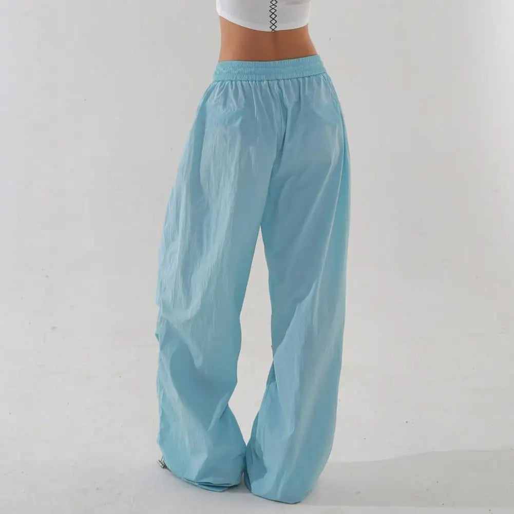 Women Sport Pants Wide Leg Elastic Waist Adjustable Drawstring Long Pants Solid Color Leisure Travel Cargo Trousers