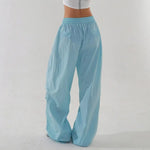 Women Sport Pants Wide Leg Elastic Waist Adjustable Drawstring Long Pants Solid Color Leisure Travel Cargo Trousers