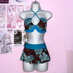 2025 New Chic Split Bathing Suit Y2k Vintage Flower Pattern Bikini Set Swimsuit Women Halter Triangle Lace Up Shorts Sexy Bikini