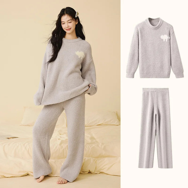 Women Autumn Winter Half Fleece Pajama Set Solid Round Neck Thick Warm Soft Casual Homewear Sleepwear Suit Wearable Outside