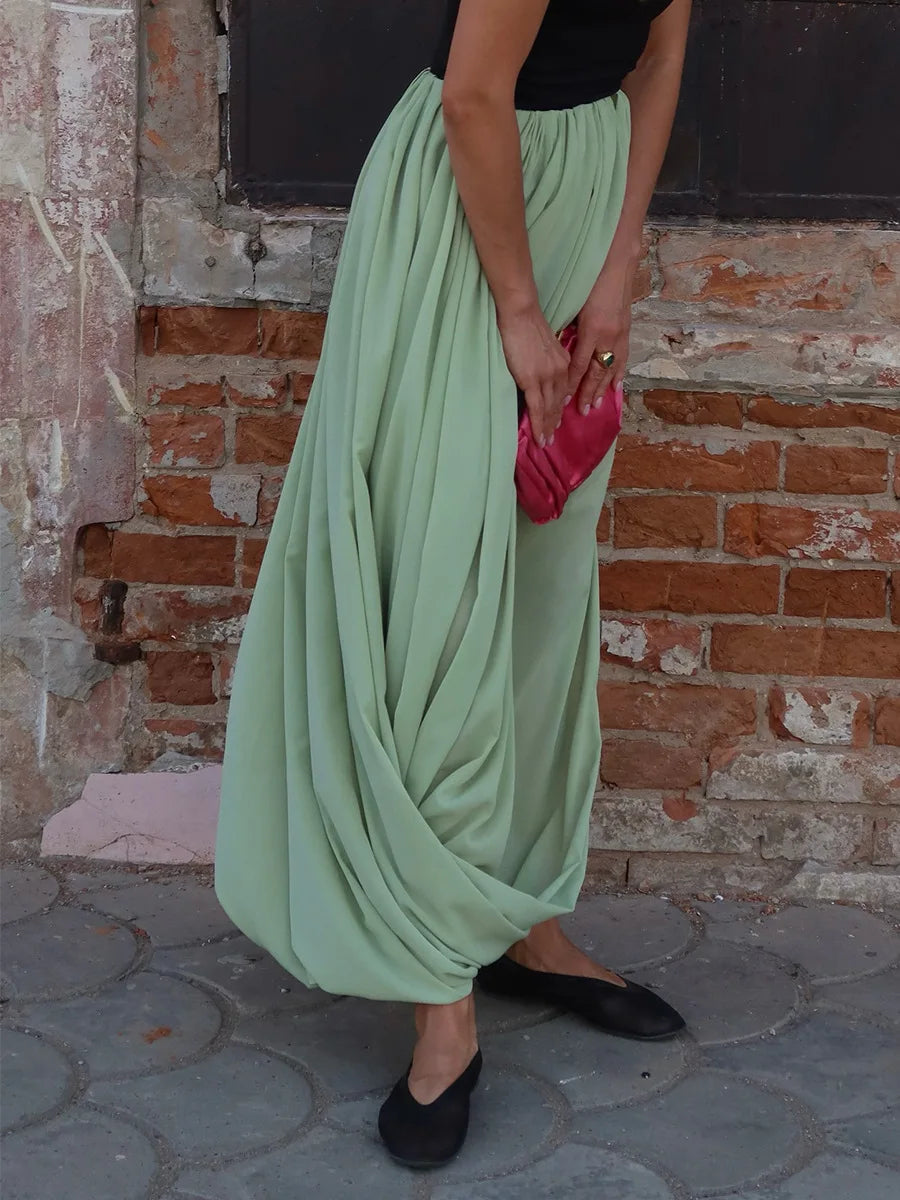 FDYOUI Elegant Solid Color Pleated Skirts for Women 2026 Chic High Slit Long Skirt High Street Office Lady Vacation Party Dress