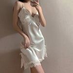 Women Lace Satin Nightgown Strapless White Slip Dress with Bow Detail, Silky Summer Sleepwear Home Dress