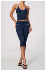 Summer Color Blocking Yoga Suit Women Tracksuit Hanging Neck V Neck Slim Sports Vest Tight Hip Lifting Capri Pants Fitness Sets
