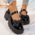 Women Bow Decor Platform Mary Jane Shoes Round‑Toe Ankle Strap Lug‑Sole PU Leather Black Glossy Sweet Casual Daily Shoes