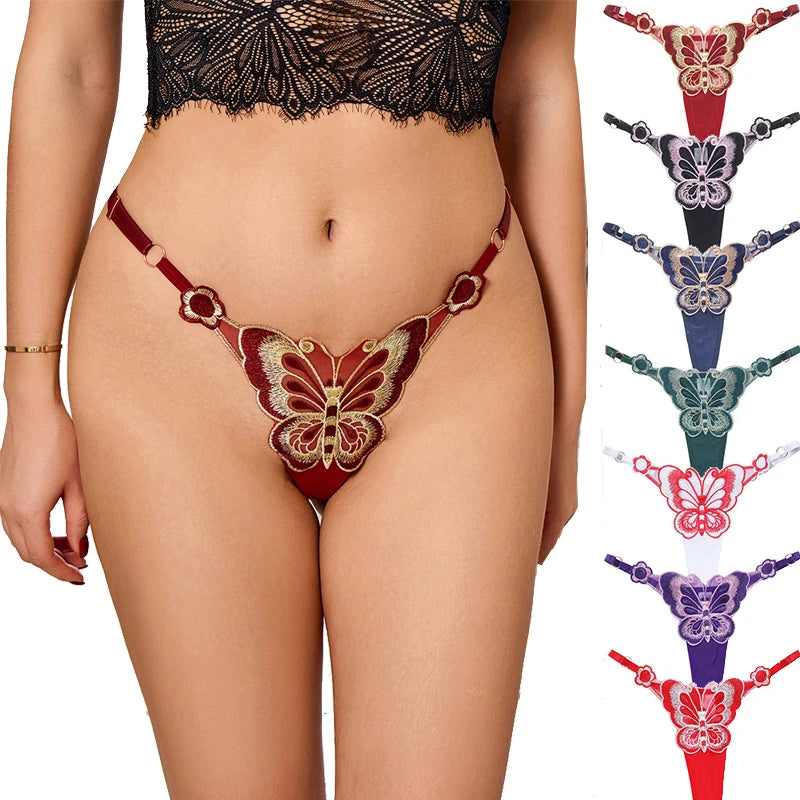 Butterfly Lace Thong for Women Low Waist G-String Transparent Mesh Panties Sexy Embroidered Briefs Adjustable Waist Culotte Femm