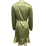 Smooth Satin Ruffle Trim Dress Women Mini Dress V-Neck Lantern Long Sleeve Side Lace-up Dress Solid Color