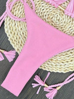 Sexy solid color special fabric swimsuit women's split bikini set woven rope hanging neck beach swimwear