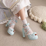 Blue White Ankle Sandals Girls Lace Strap Ankle Women High Heels Mary Janes Pumps Party Wedding Dress Bow Princess Lolita Shoes