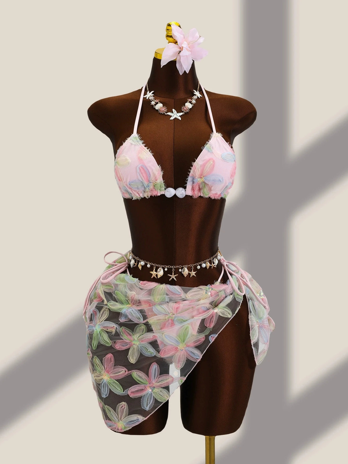 DEKA Women 3 Piece Brazil Triangle Bikini Set Vintage Pink Floral Embroidery Cover Up Halter Push Up Thong Swimsuit Bathing Suit