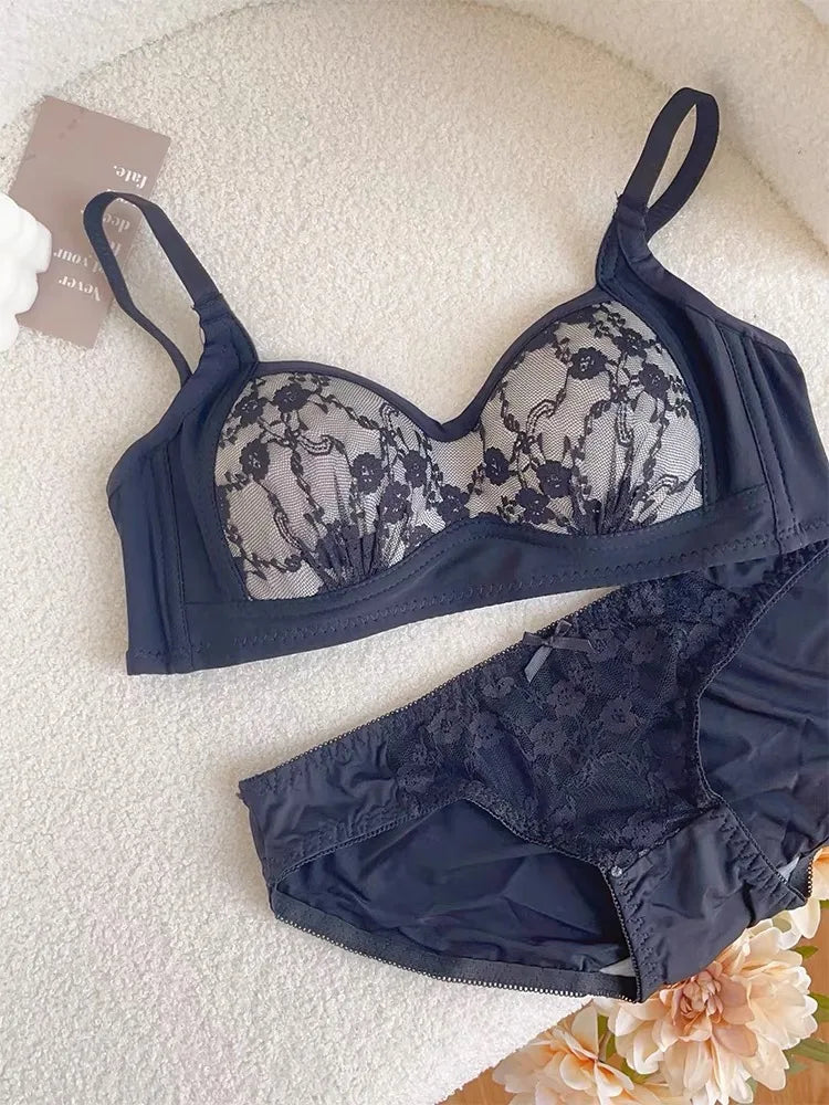 Summer Lace Half Cup Bra Small Bust Beachwear Gathering Light Support Pure Bralette Ultra Thin Wirefree Set AU MOYISU S-XL-32-38