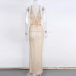 S - XL V Neck Slit Long Dress Sexy Mesh Backless Knitted Crochet Tunic Beach Cover Up Cover-ups Beach Dress Beachwear V3767B
