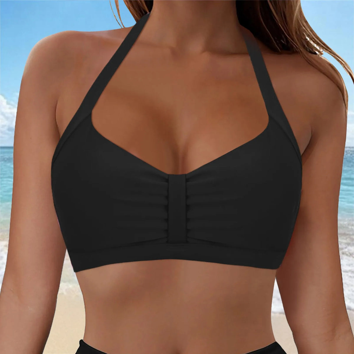 Womens Halter Neck Ruched Bikini Top Padded Push Up Swim Tops Adjustable Tie Back Bathing Suit Top Beach Pool Vacation Swimwear