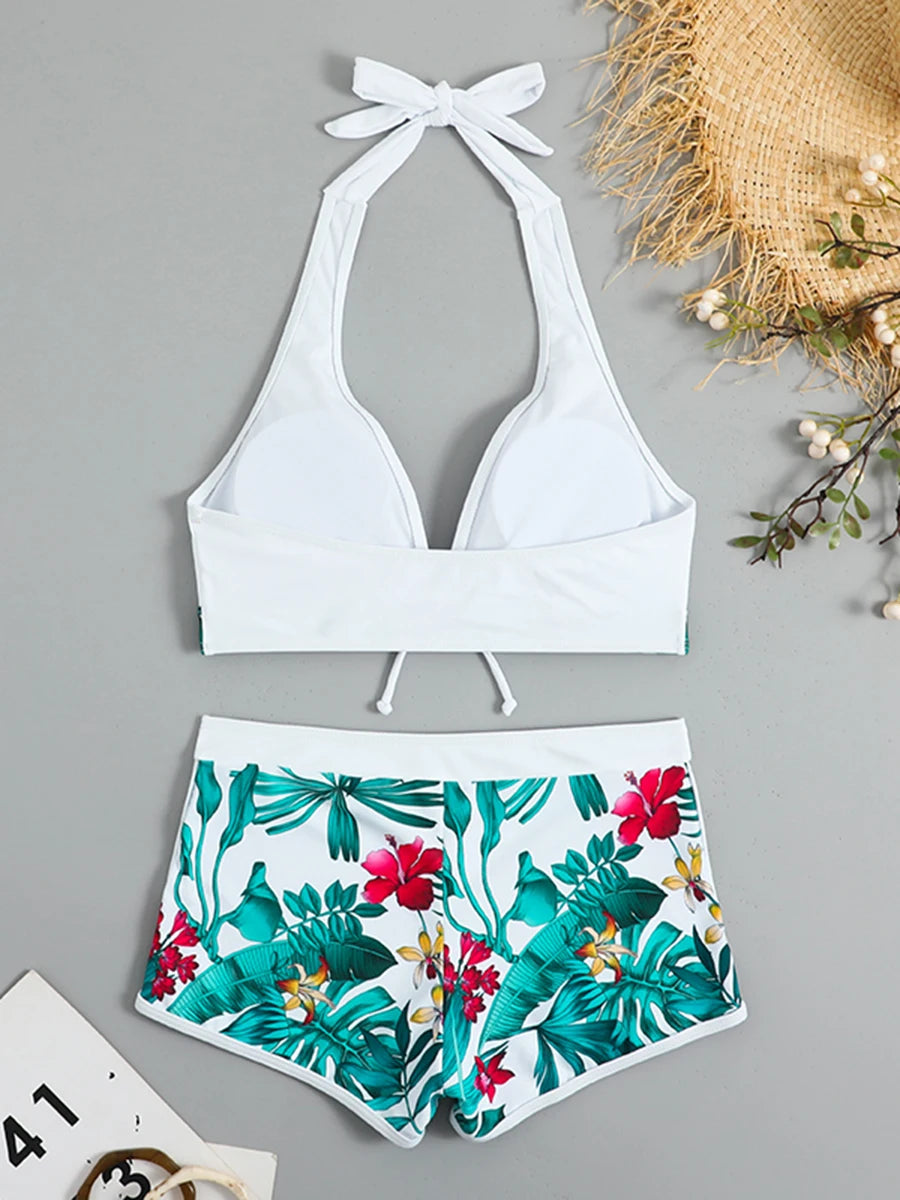 2026 Halter Bikini Set Short Swimsuit Women High Waist Swimwear Female Printed Bathers Swimming Bathing Swim Suit Beachwear