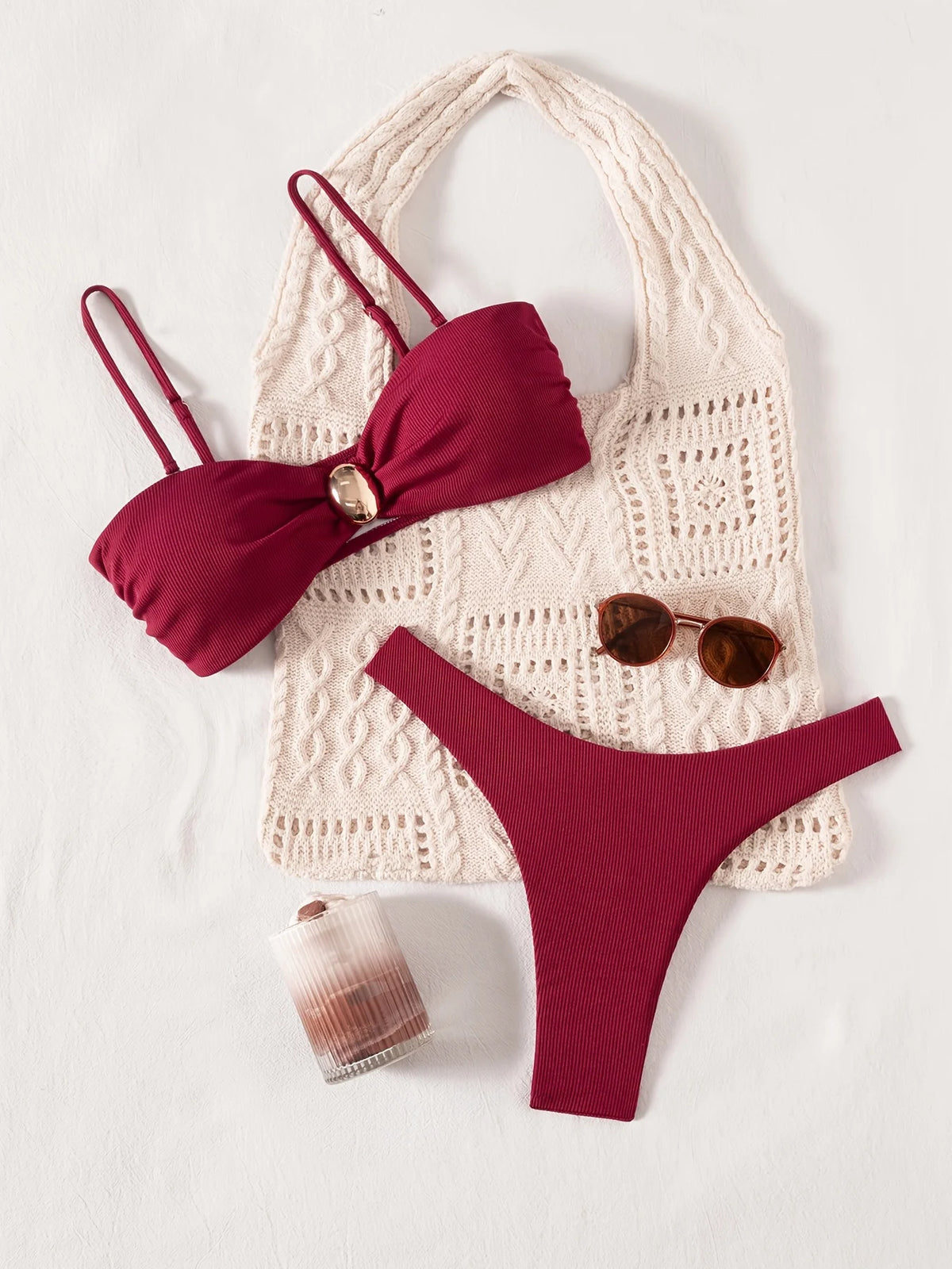 ZTVitality Wine Red Ribbed Bandeau Bikini Set Metal Buckle High Cut Thong Swimsuit Women's 2026 New Beach Bathing Suit Biquini