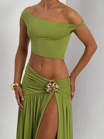 Summer Skirt Set Women Metal Flower Sexy Off Shoulder Slim Crop Top High Slit Skirt Sets Fashion Backless Pleated 2 Piece Suits