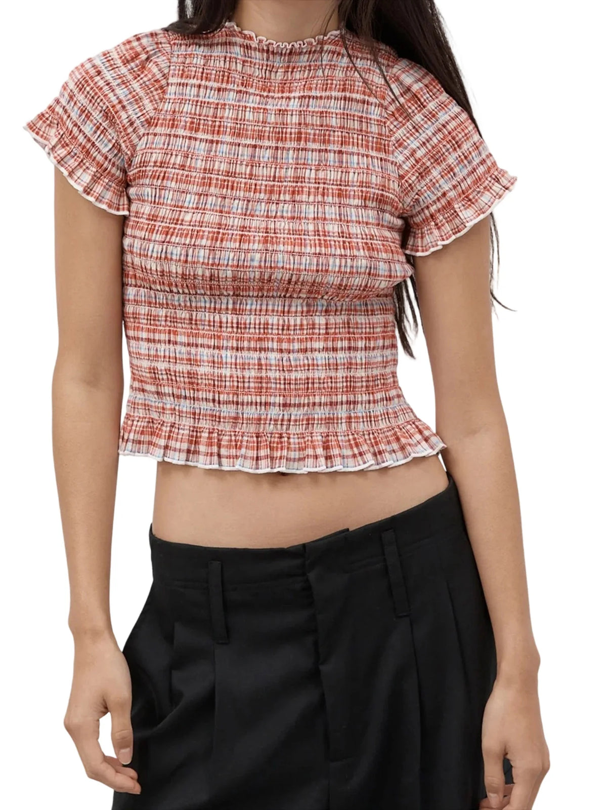 Women Casual Summer Plaid Print Shirred Tops Slim Mock Neck Short Sleeve Crop Ruffle T-shirts Streetwear