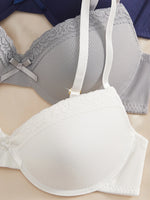4PCS Daily Lace Trim Women's Underwear Set Bow Ribbed Push up Underwire Bra Comfortable Stylish Women's Bra