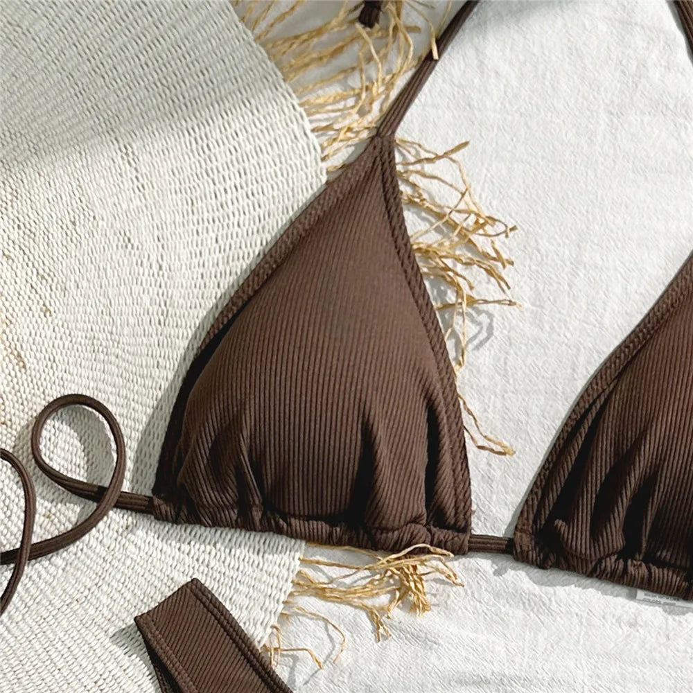Brown String Halter Triangle Bikini Ribbed Solid Swimwears Sexy Swimsuit Women 2026 Padded Bikinis Sets Bathing Swimming Suit