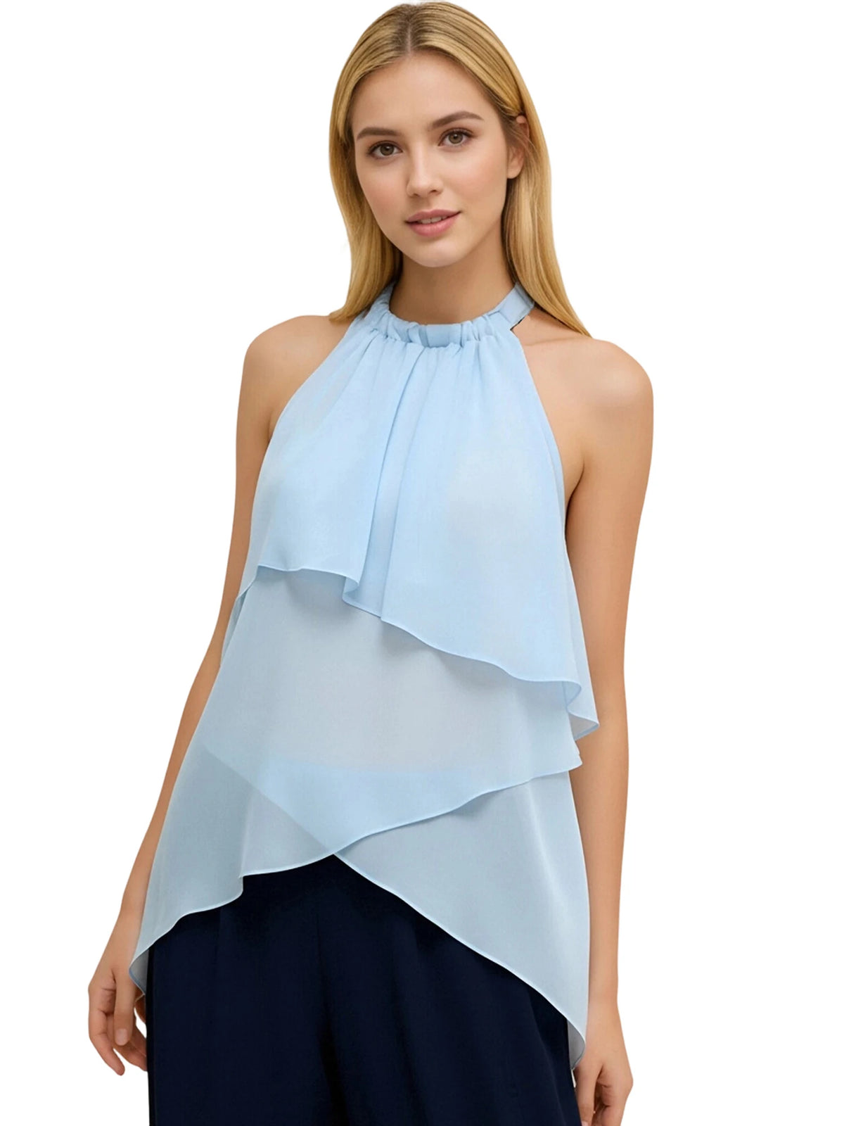 Women Summer Trendy Asymmetrical Layered Backless Shirts Solid Color Chiffon Halter Tops for Streetwear