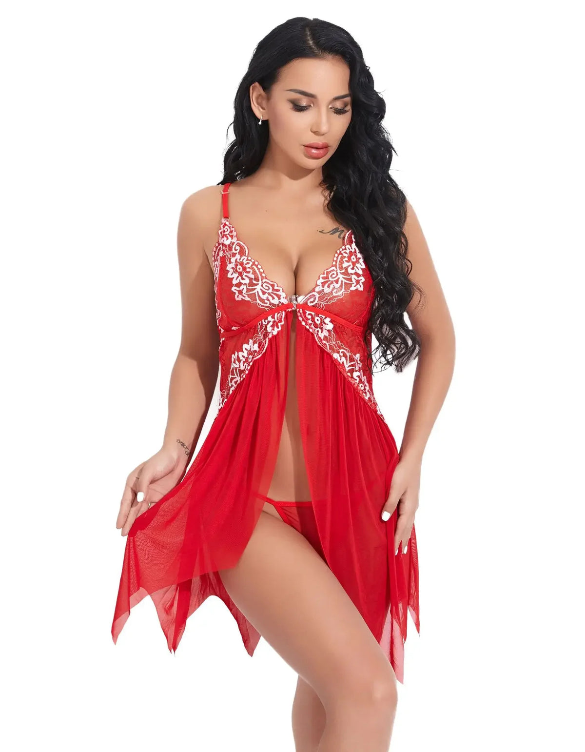 Lace Front Closure Sleepwear Women Sexy Lingerie Dress Porno Suit Babydoll Transparent Mesh Nightdress Erotic Clothing