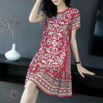 Summer Women Dress Half Sleeves Round Neck Retro Print A-line Big Hem Knee Length Loose Casual Daily Wear Vacation Midi Dress