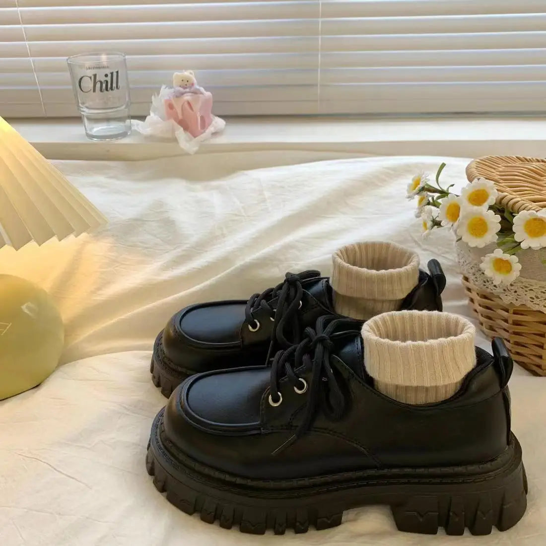 Women's Lace‑Up Platform Oxford Shoes, Chunky Thick Sole Height Increase Black Preppy Casual School Shoes