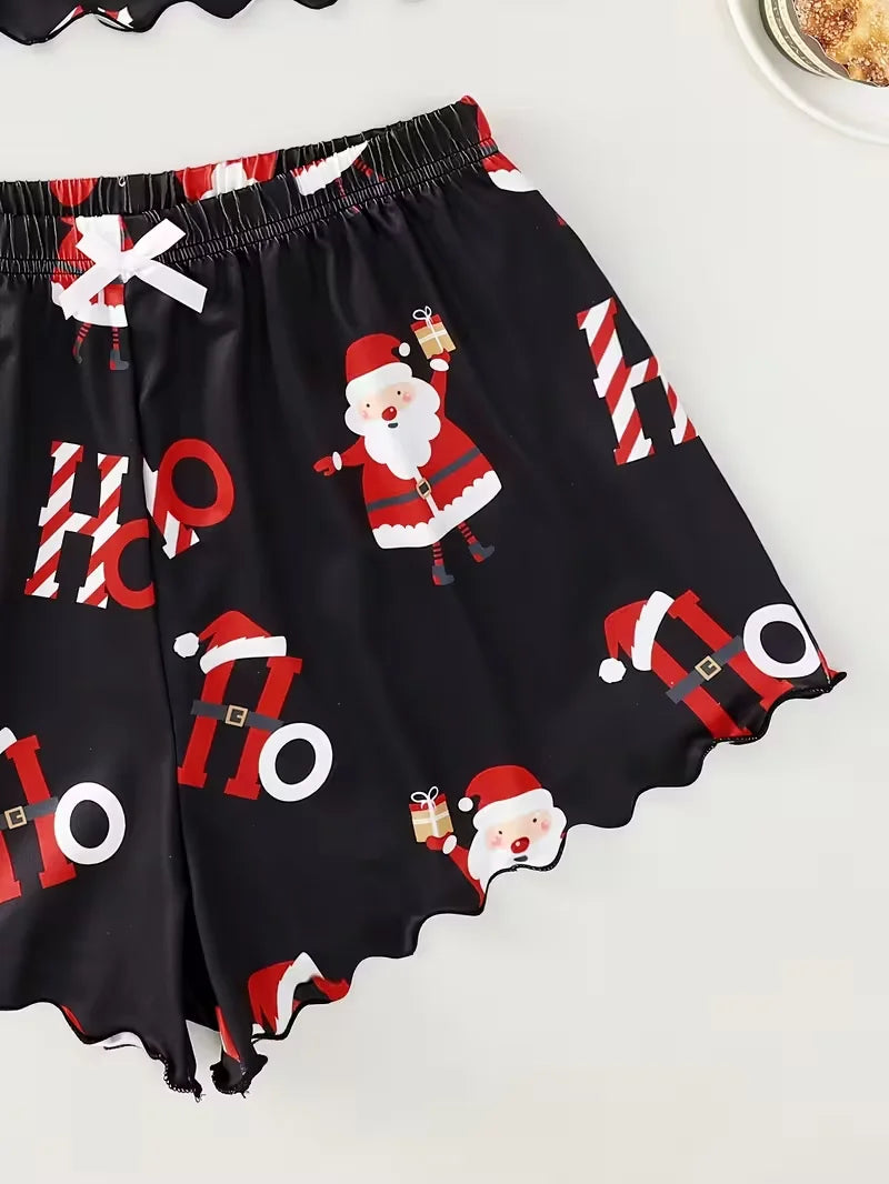Soft Comfy Christmas Santa Claus Element Print Festival Atmosphere Women's Sleepwear 2 Pieces Crop Tops and Shorts Pajama Set