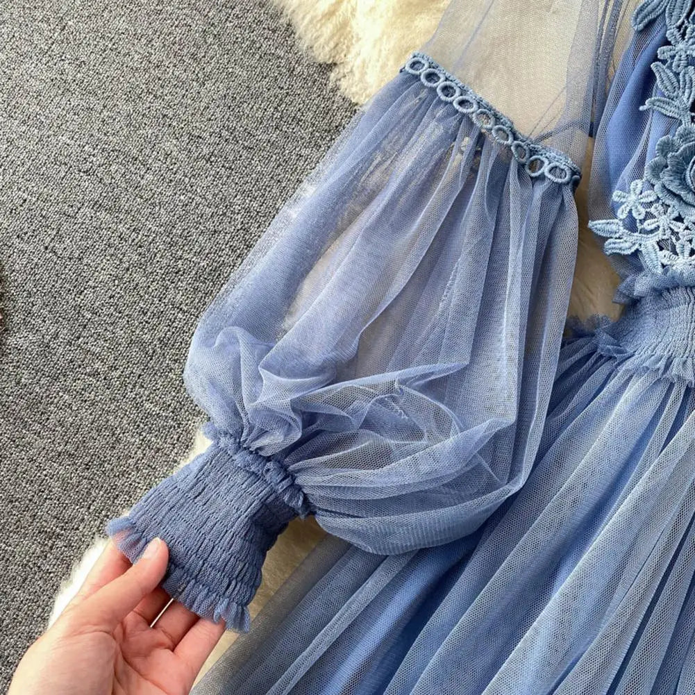 2 Pcs/Set Women Dress Suit Floral Embroidery See-through Lace Lantern Sleeves Pleated A-line Elastic Waist Dress Slip Dress Suit