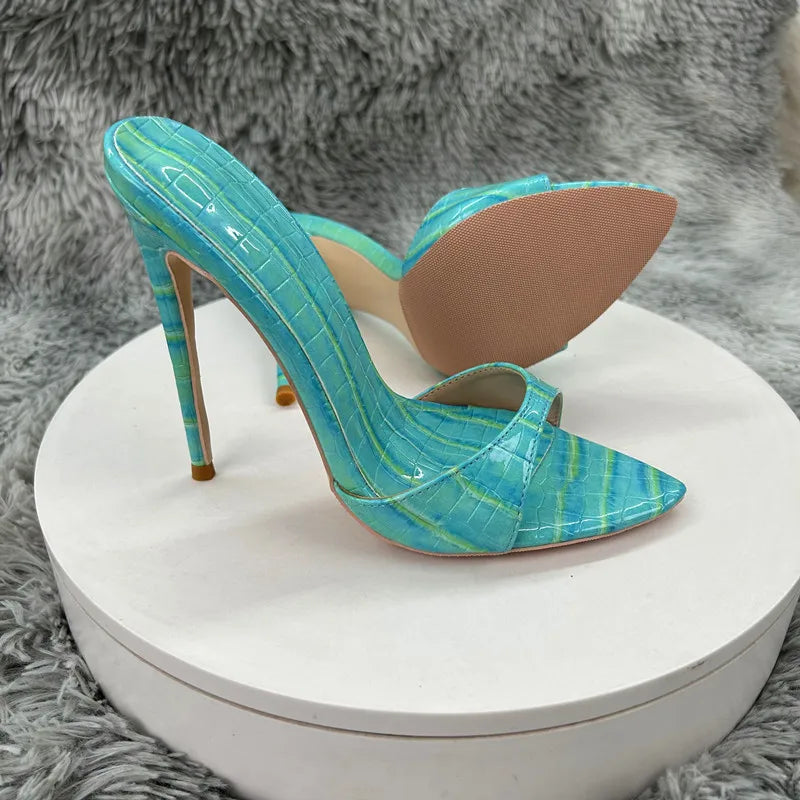 Women's Turquoise Croc Embossed Patent Leather Pointed Toe Stiletto Mules - Slip-On Open Toe High Heel Sandals for Summer Party