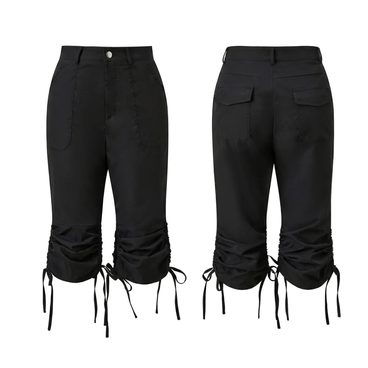 Fashion Women's Capri Pants High Waist Drawstring Cuff Cropped Trousers Solid Color Casual Pockets Cargo Calf-length Pant Summer