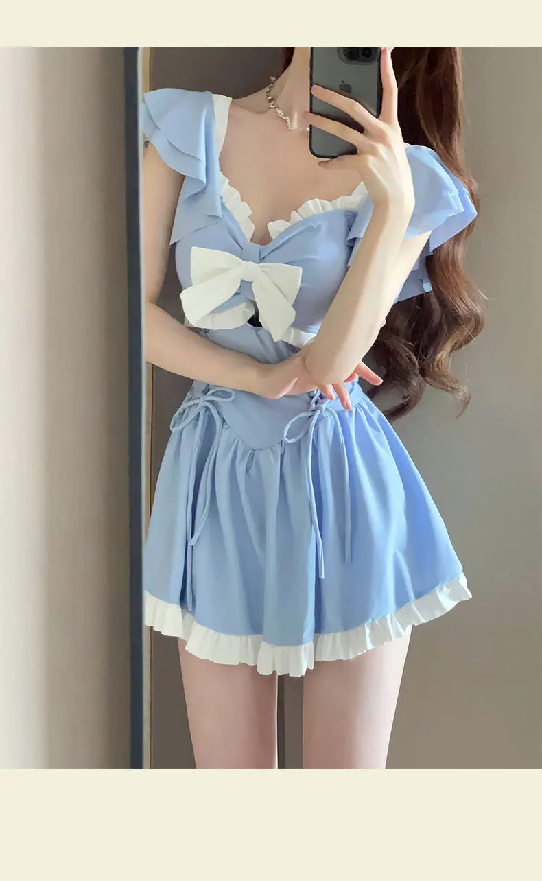 Korea Style One Piece Swimsuit with Skirt Monokini 2024 Women Front Bow Push Up Pleate Tummy Control Beach Bathing Suit Swimwear