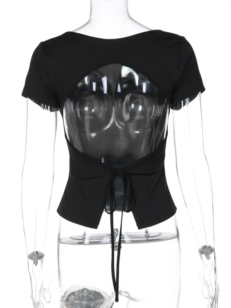 FDYOUI Fashion Casual Backless Lace-up T-shirts Women's Summer O-neck Short Sleeve Cropped Tops Streetwear Y2K Solid Tee Shirt