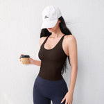 Women's U-Neck Yoga Vest with Chest Pad Long Running Sports Gym Top Breathable Comfortable Fitness Clothing
