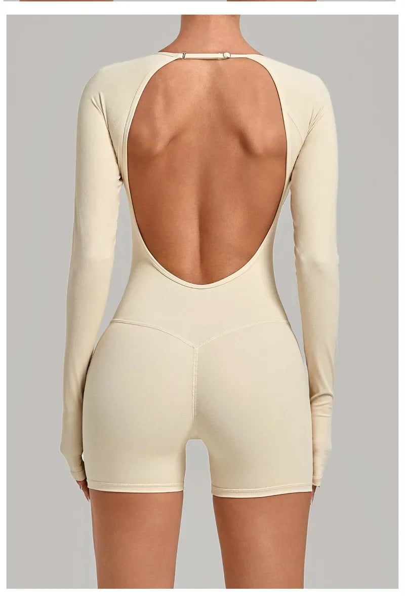 Women's Yoga Jumpsuits Sports Fitness Hip-lifting Long-sleeved Backless Running Training Workout Gym Shorts One-piece Bodysuits