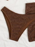 Sexy Coffee Bikinis Sets Women Hollow Out Mesh Cover Up 3 Piece Swimsuit Beach Push Up Beach Bathing Suit High Waist Swimwear