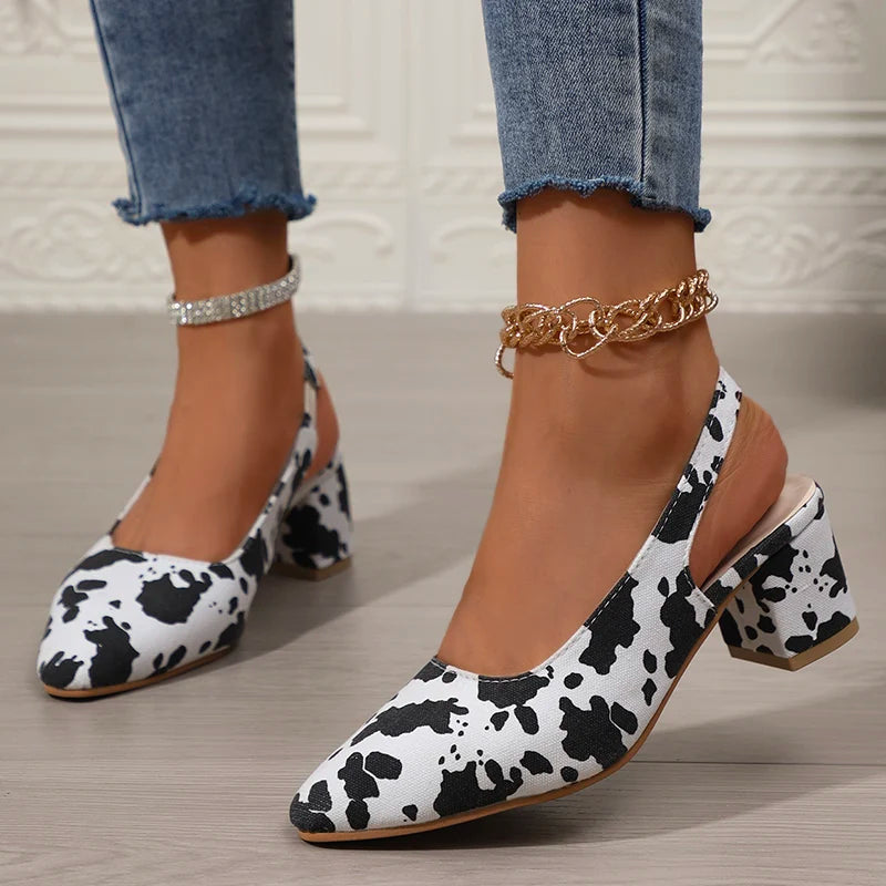 Zoki Fashion Leopard Print Thick Heel Sandals Women Back Strap High Heels Sandals Woman Plus Size 42 Pointed Toe Slingbacks