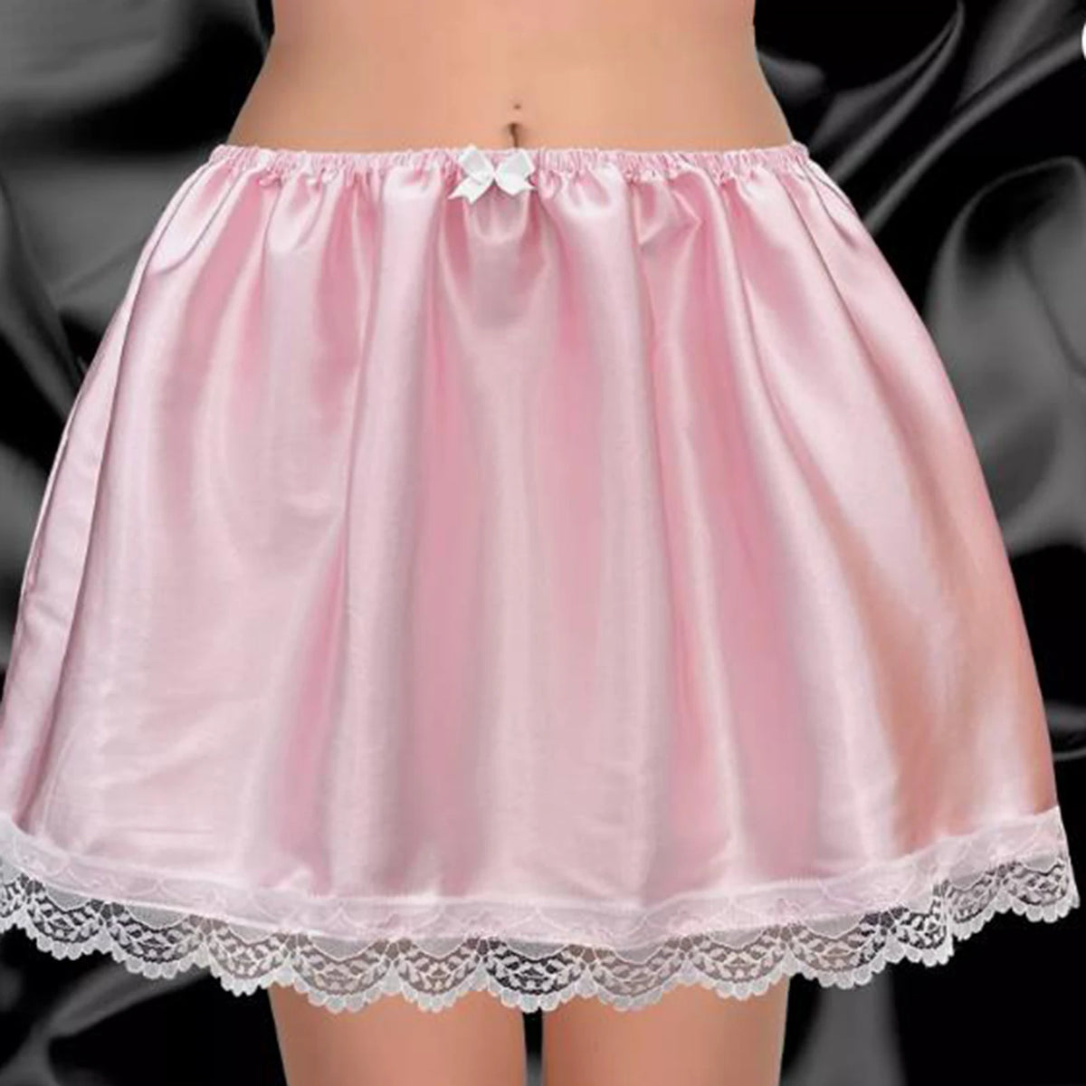 Women Summer Satin A-Line Short Skirt Lace Trim Solid Color Bow Puffy Drape Elastic Waistband Mini Skirts