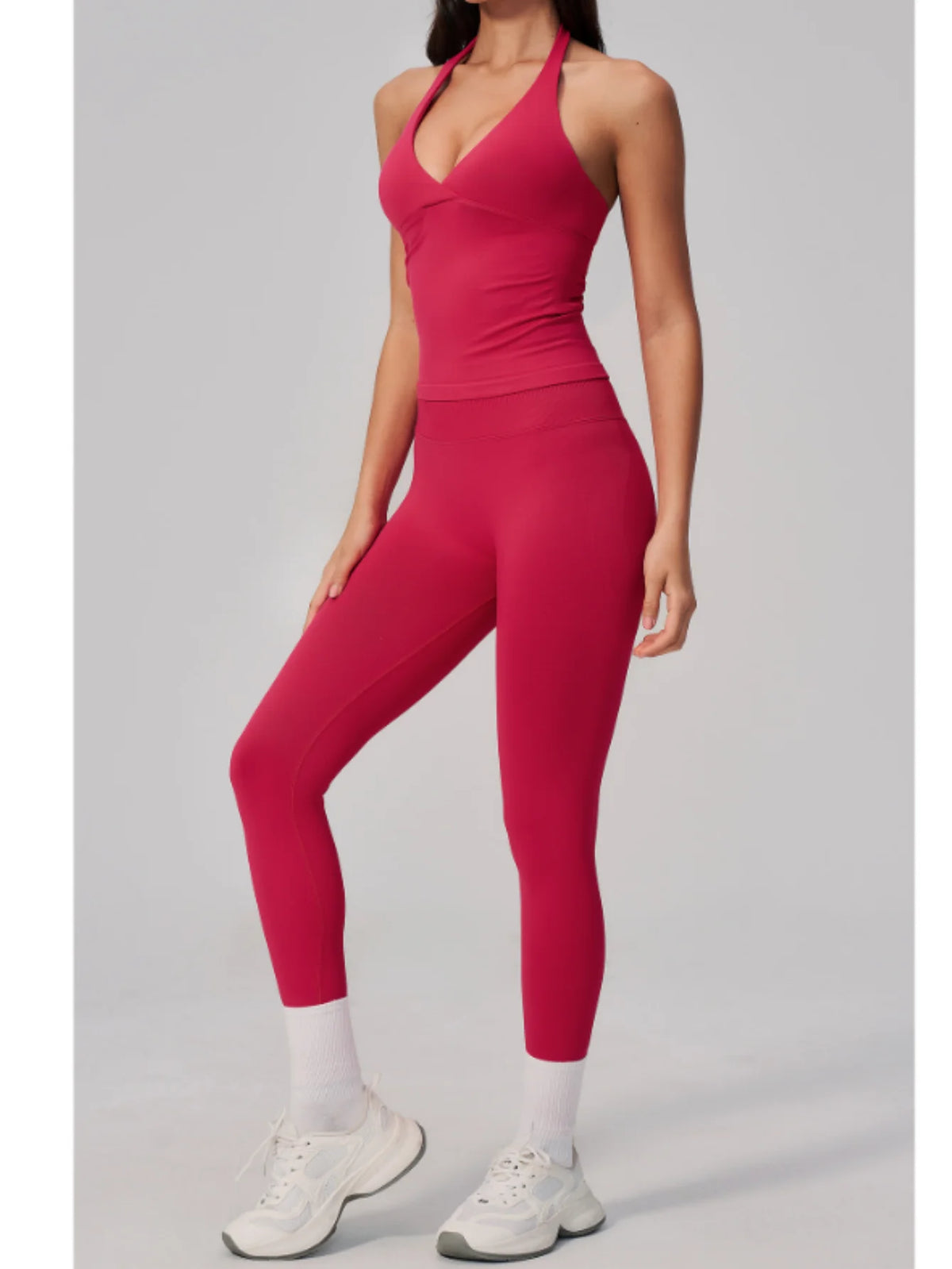 Summer Seamless Yoga Sets Women V Neck Slim Sports Tank Top Fitness Suit Peach Hip High Elasticity Leggings Running Tracksuit