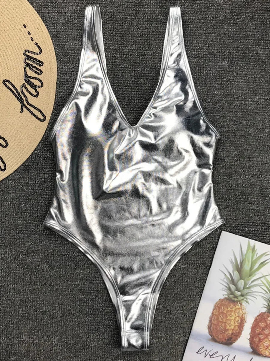Sexy Shiny PU Leather Bikini Women 2025 Bikinis Bling Swimwear One Piece Swimsuit Female Monokini Bather Bathing Suit Swim Lady