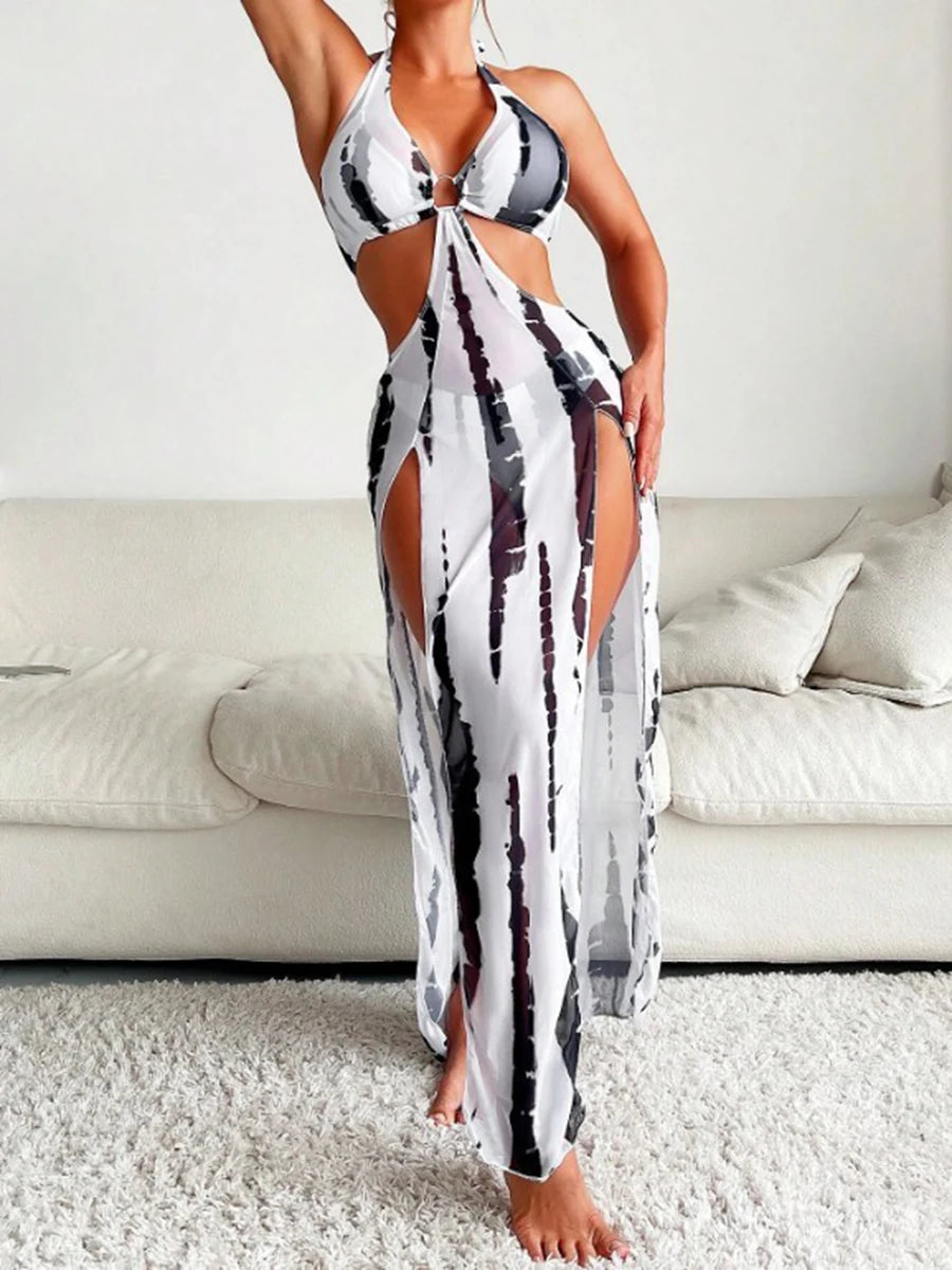 3 Pieces Halter Ring Link Bikini 2026 Women Cut Out Side Cover Up Dress Swimsuit Sexy Swimwear Female Bathing Swimming Swim Suit