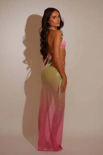 Sexy Neon Green Gradient Bikini Set 2025 Women PU Push Up Leather Bra Skirt 3 Piece Swimsuit Beach Bathing Suit Thong Swimwear