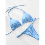 PU Pleated Ruched Bikinis Mini Micro Thong Bikini Women Swimwear Female Swimsuit Two-pieces Bikini Set Halter Bathing Suit Swim