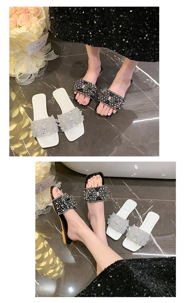 Women Summer ShoesNew Fashion Comfortable Non Slip Bow-knot Slippers Outdoor Soft Sole Rhinestone Dress Style Women Sandal