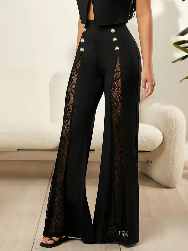 2026 Women's Solid Color Lace Spliced Flare Pants Trousers
