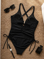 Sexy Black Drawstring Side One Piece Swimsuit 2026 Women V Neck Mesh Patchwork Slim Tummy Control Bathing Suit Holiday Swimwear