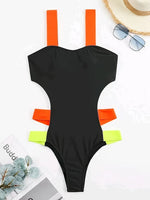 Splicing Black Contrast Women Swimwear One Piece Swimsuit Female Monokini High Cut Bather Backless Bathing Suit Swim Beachwear