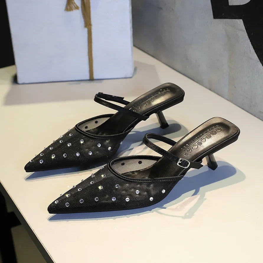 BIGTREE Crystal Mesh Fabric Pointed Toe Slippers Women Sexy Elegant Buckle Strap Party Prom Thin Low Heels Mule Shoes